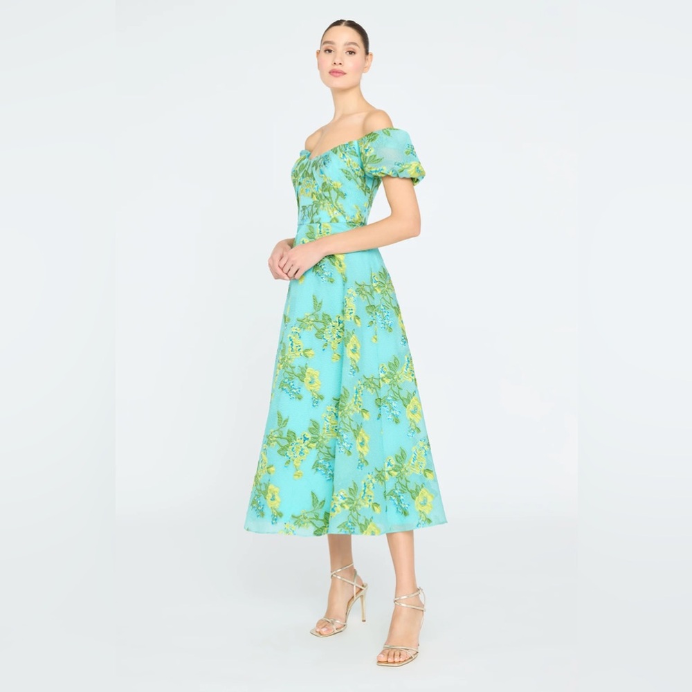 Theia Alanis Aqua Floral Off-the-Shoulder Midi Dress